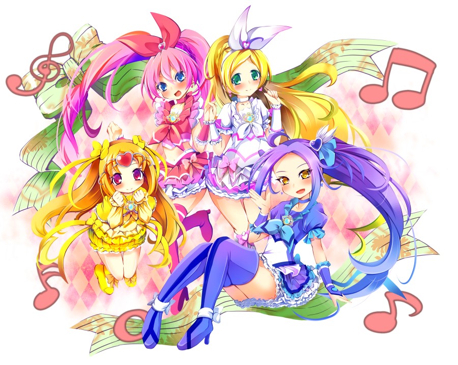 4girls, blonde_hair, blue_eyes, blue_hair, blue_legwear, blue_skirt, blush, boots