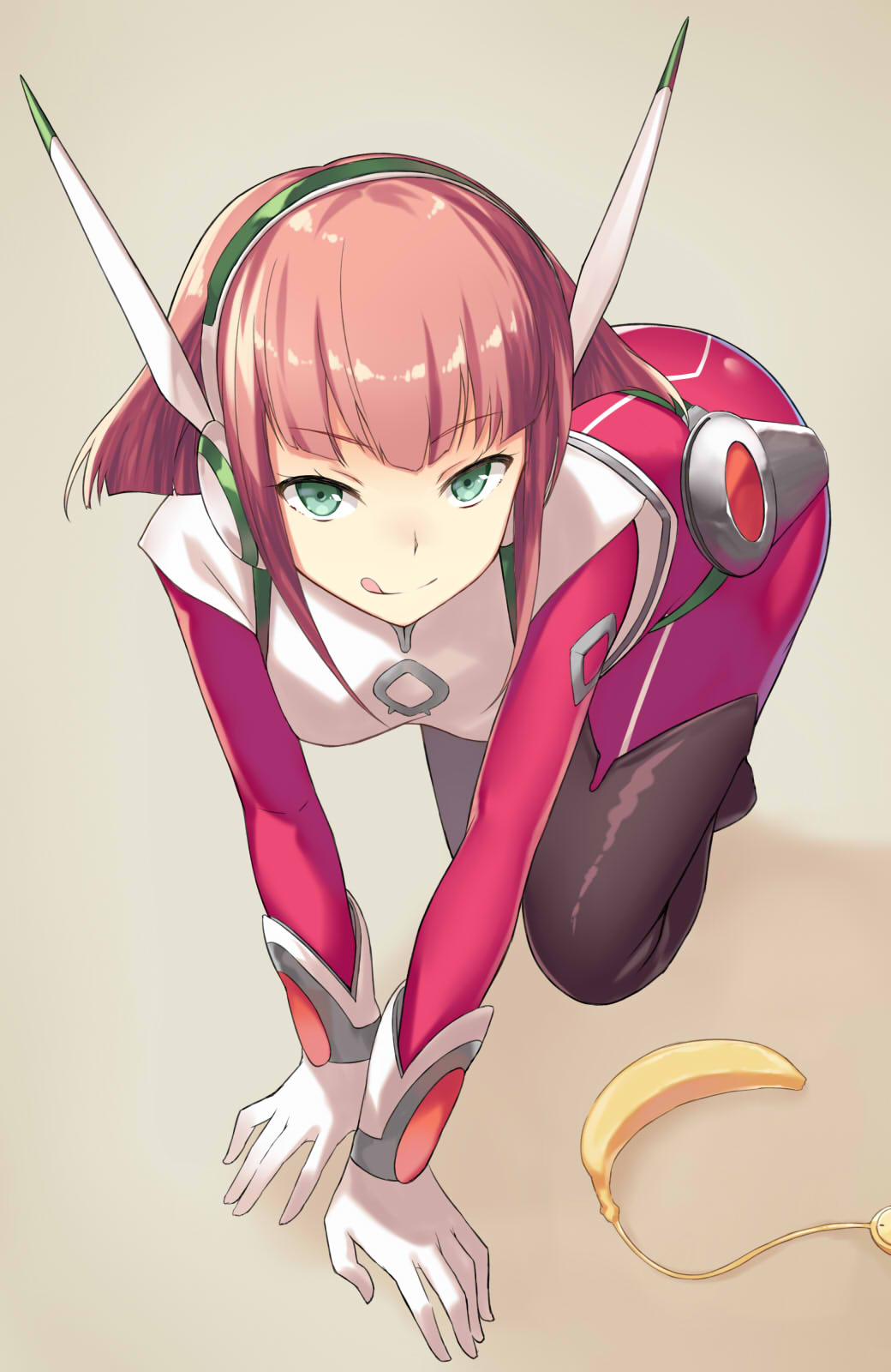 1girl, all_fours, barara_peol, bodysuit, boots, cccpo, gloves, grey_eyes, gundam, gundam_g_no_reconguista, headset, highres, licking_lips, looking_at_viewer, pink_eyes, smile, solo, thigh-highs, thigh_boots, white_gloves