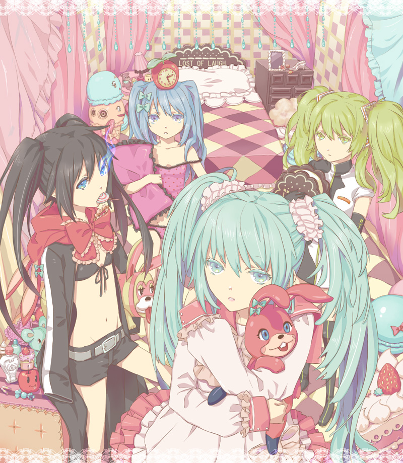 apple, aqua_eyes, aqua_hair, bad_id, black_rock_shooter, black_rock_shooter_(character), blue_eyes, blue_hair, cake, candy, food, fruit, green_eyes, green_hair, gurumo, hatsune_miku, hatsune_miku_(roshin_yuukai/nitamagomix), lollipop, long_hair, lots_of_laugh_(vocaloid), macaron, meltdown_(vocaloid), midriff, multiple_persona, navel, pastry, romeo_and_cinderella_(vocaloid), romeo_to_cinderella_(vocaloid), roshin_yuukai_(vocaloid), songover, stuffed_animal, stuffed_toy, swirl_lollipop, twintails, vocaloid