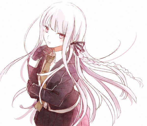 1girl, blush, braid, dangan_ronpa, dangan_ronpa_1, gloves, hair_ribbon, jacket