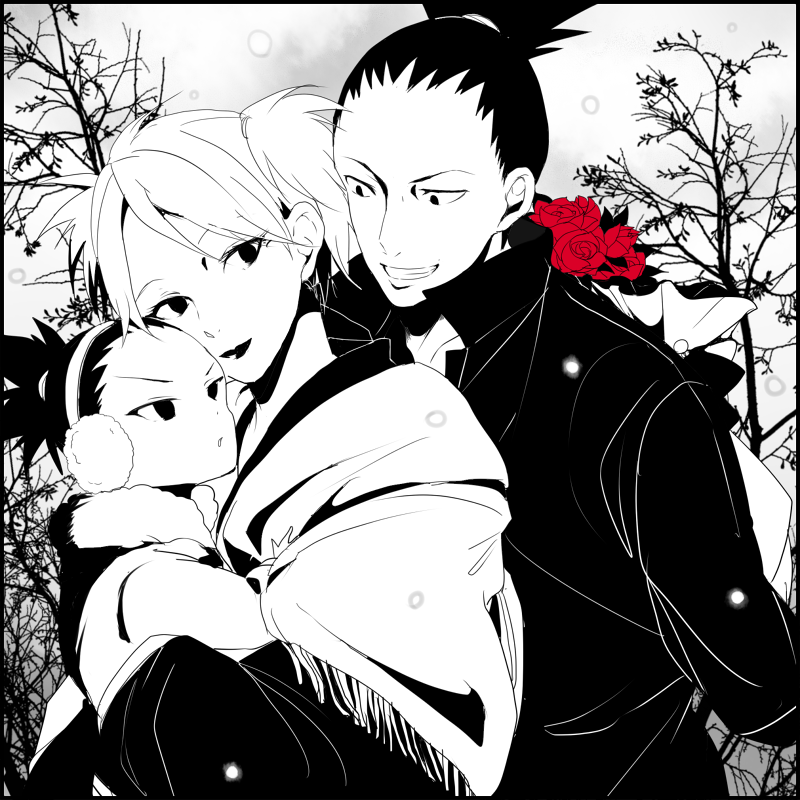 1girl, 2boys, black_hair, black_jacket, blonde_hair, bouquet, carrying, earmuffs
