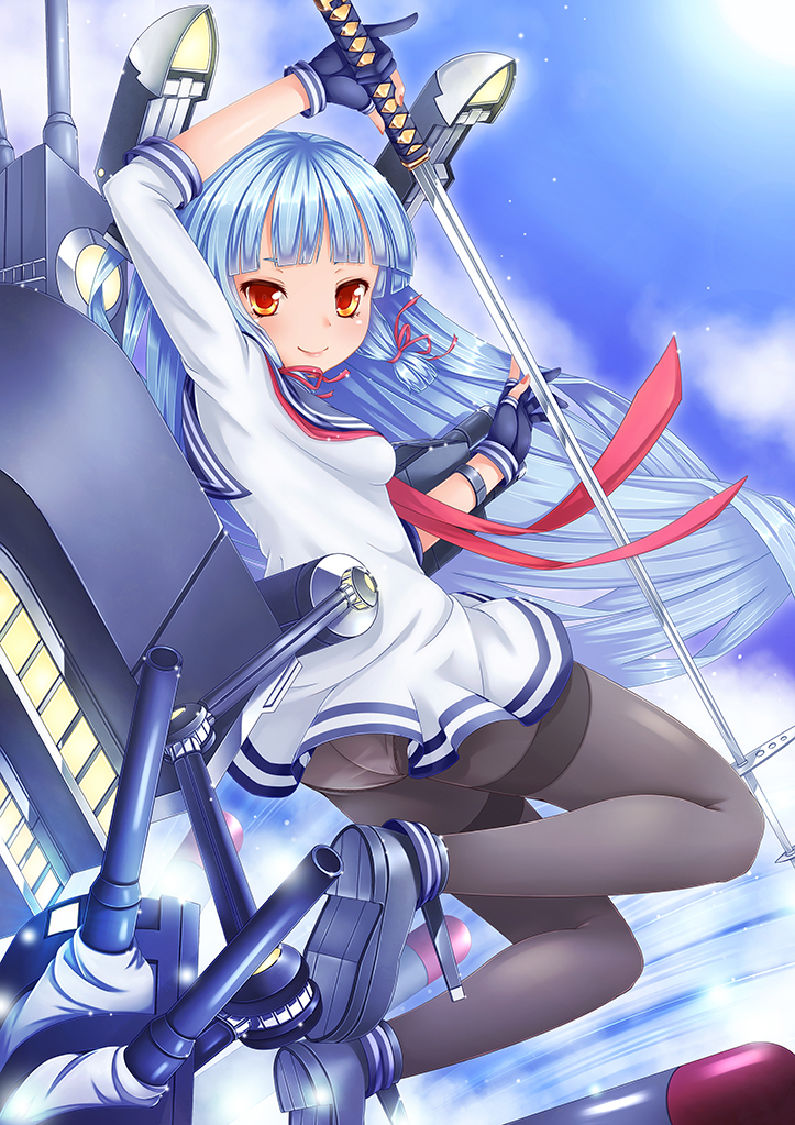 1girl, aqua_hair, bangs, black_gloves, black_legwear, blue_sky, blunt_bangs, fingerless_gloves