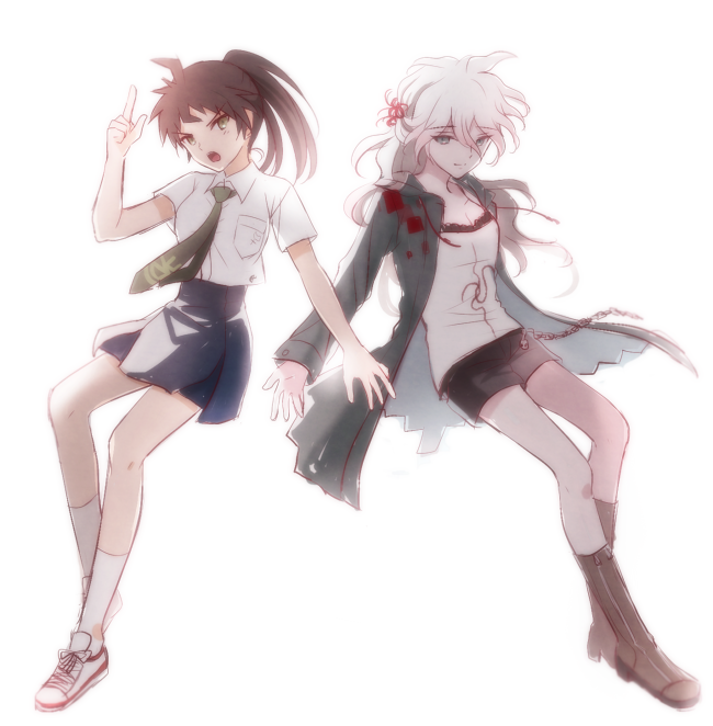 2girls, ahoge, blue_skirt, boots, breasts, brown_boots, brown_hair, cleavage, dangan_ronpa, genderswap, green_eyes, hair_ribbon, half_updo, hinata_hajime, hoodie, komaeda_nagito, kuze_(noiretrouge), long_hair, multiple_girls, necktie, ponytail, ribbon, short_sleeves, simple_background, skirt, super_dangan_ronpa_2, white_background, white_hair