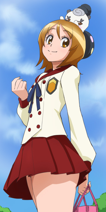 1girl, bag, brown_eyes, brown_hair, happinesscharge_precure!, haruyama_kazunori, oomori_yuuko, phanphan_(happinesscharge_precure!), precure, red_skirt, school_uniform, short_hair, skirt, smile