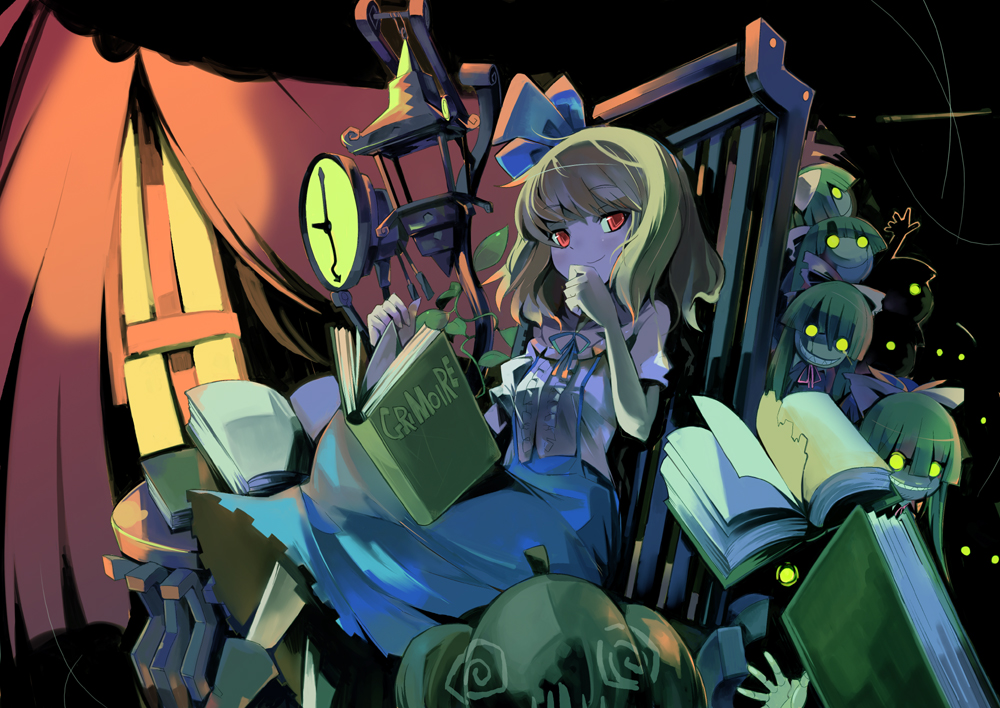 alice_margatroid, alice_margatroid_(pc-98), blonde_hair, book, chair, clock, doll, doll_joints, grimoire, hair_ribbon, hiruma_andon, lantern, pumpkin, red_eyes, ribbon, shanghai_doll, sitting, smirk, touhou, touhou_(pc-98)