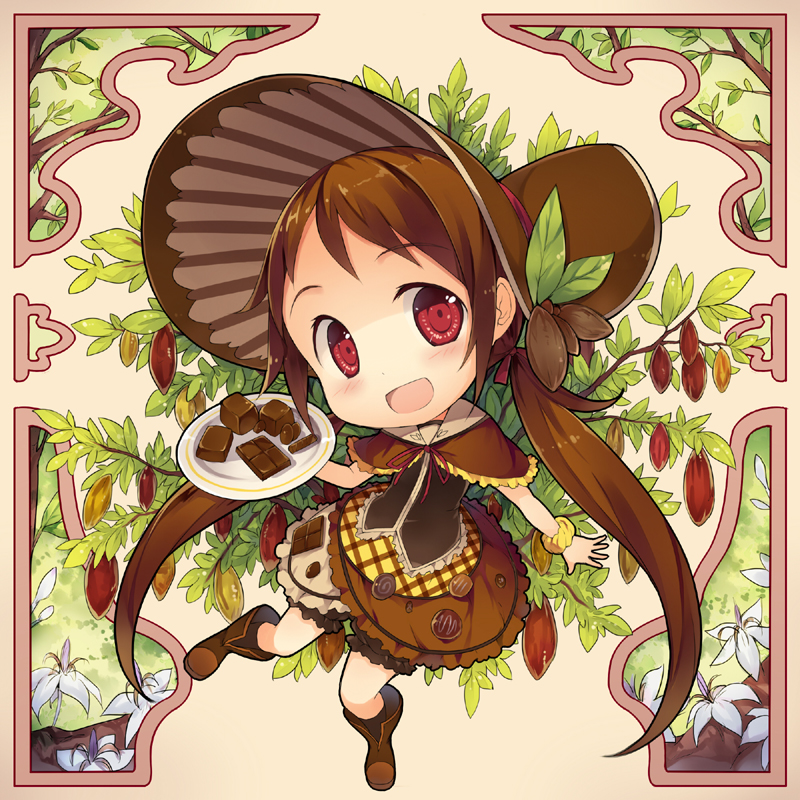 1girl, :d, brown_eyes, brown_hair, cacao_fruit, chibi, chocolate_bar, fred04142