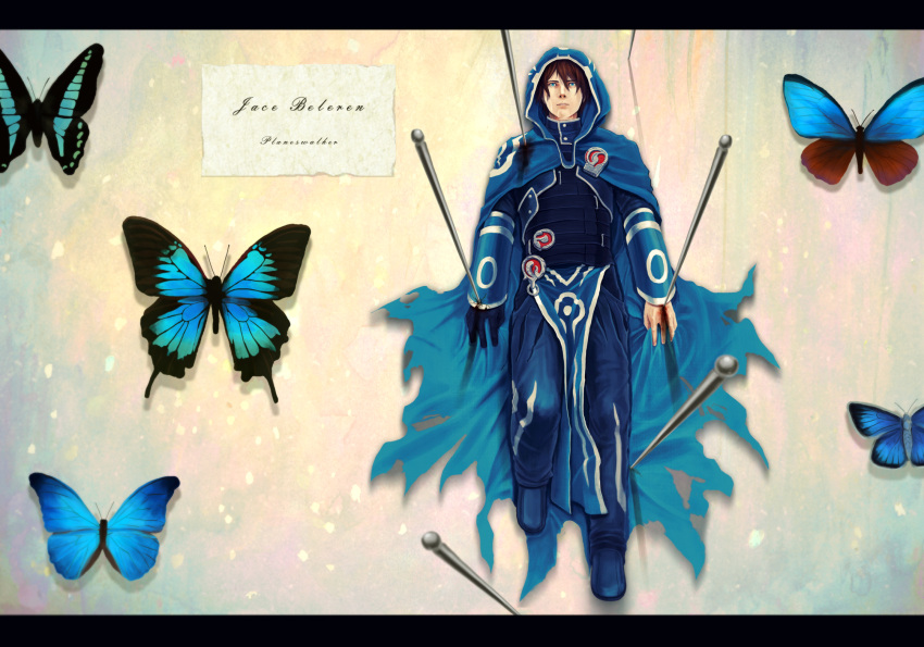 blood, blue_eyes, brown_hair, butterfly, cape, highres, hood, hooded_cloak