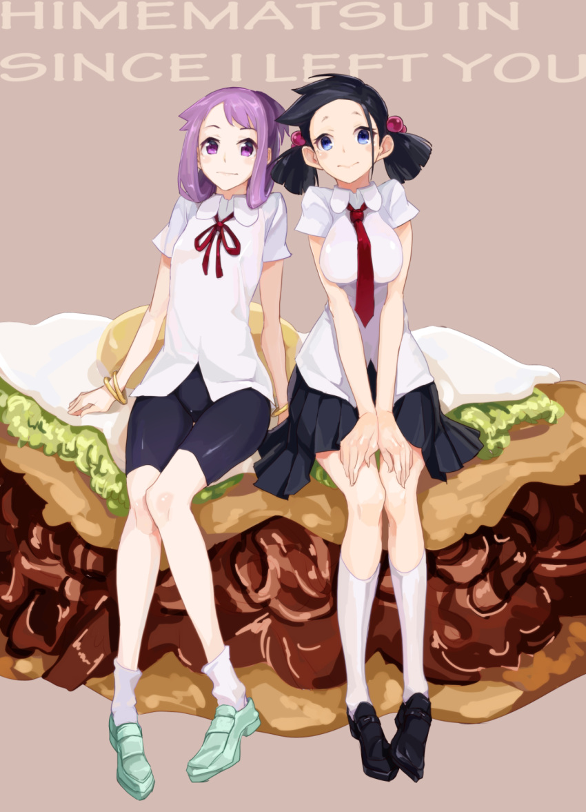 2girls, arm_support, bike_shorts, black_hair, blouse, blue_eyes, blush, bracelet