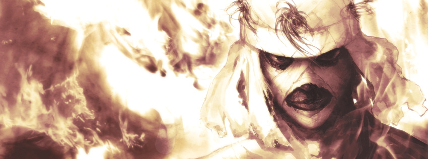 1boy, bandages, fire, headpiece, highres, horsea_(ekaki01), male_focus, monochrome, realistic, rurouni_kenshin, sepia, shishio_makoto, smile