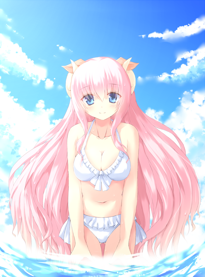 1girl, animal_ears, bikini, blue_eyes, breasts, cleavage, horns, long_hair, pink_hair, popokabi, sheep_(trickster), sheep_ears, swimsuit, trickster