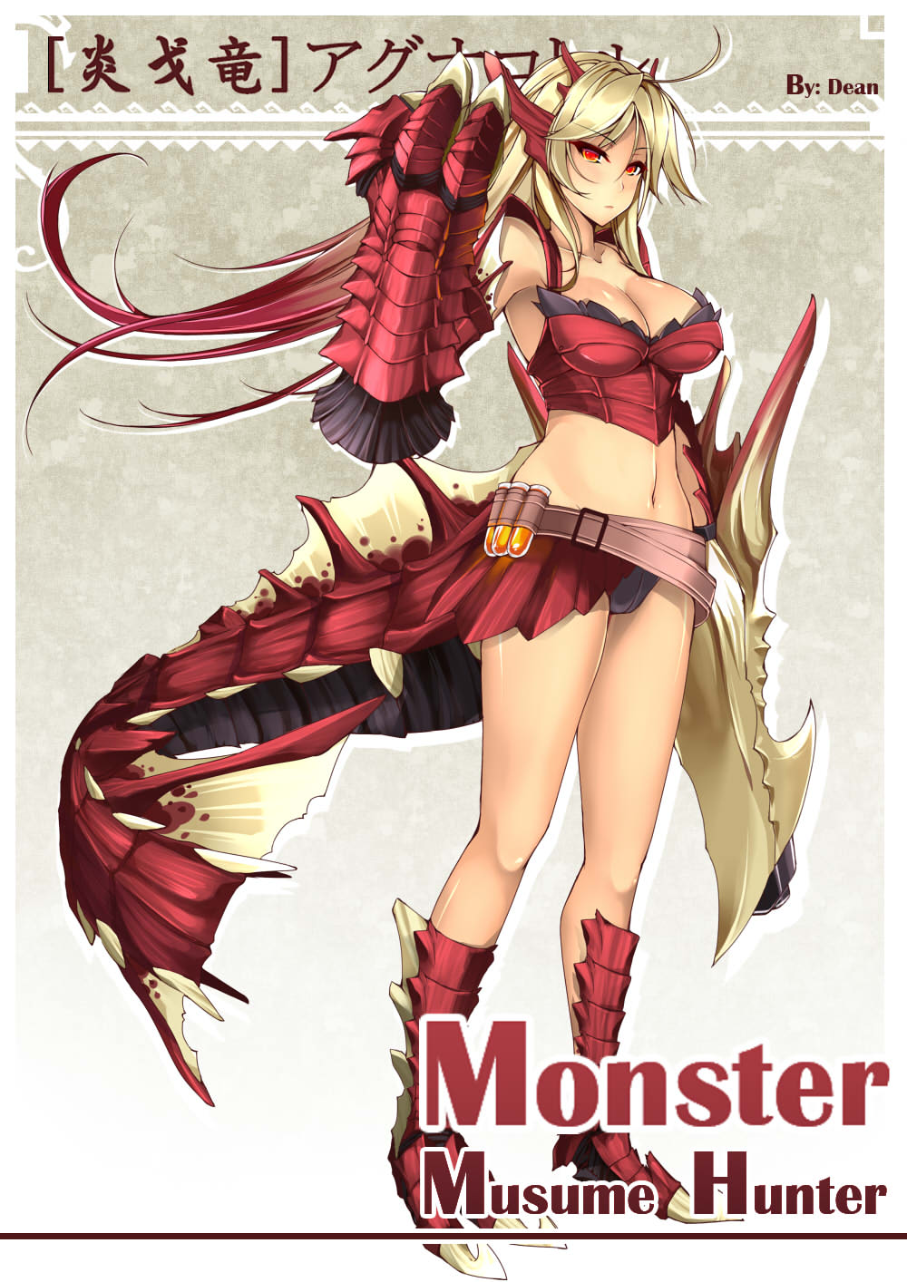 1girl, agnaktor, blonde_hair, claws, dean, gradient_hair, headdress, highres, monster_hunter, monster_tail, multicolored_hair, navel, personification, red_eyes, redhead