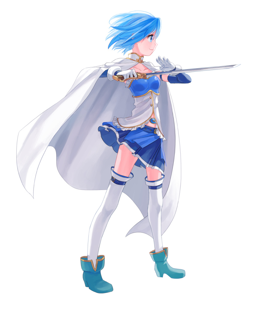 1girl, armband, belt, blue_eyes, blue_hair, cape, gloves, highres, magical_girl, mahou_shoujo_madoka_magica, miki_sayaka, pambabam, profile, short_hair, simple_background, smile, solo, soul_gem, sword, thigh-highs, weapon, white_background, zettai_ryouiki