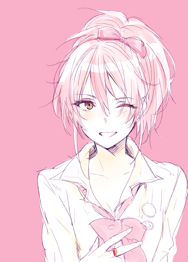 1girl, idolmaster, idolmaster_cinderella_girls, jougasaki_mika, npt_(calpis), one_eye_closed, ponytail, school_uniform
