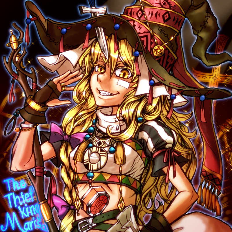 1girl, alternate_costume, baraizo, blonde_hair, grin, hat, jewelry, kirisame_marisa