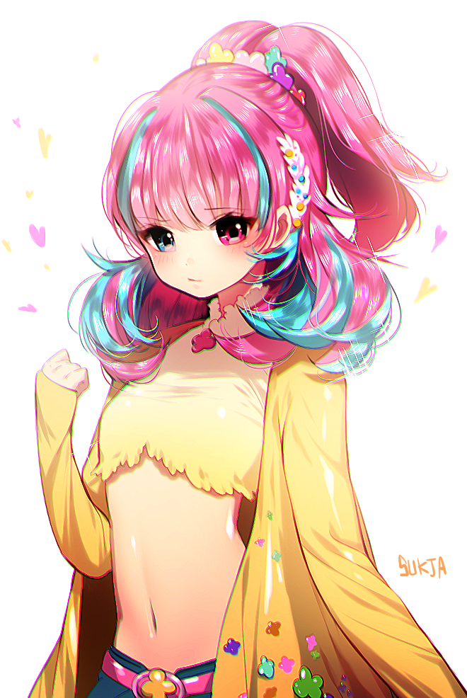 1girl, 3:, artist_name, clenched_hand, copyright_request, hair_ornament, heart, heart_background