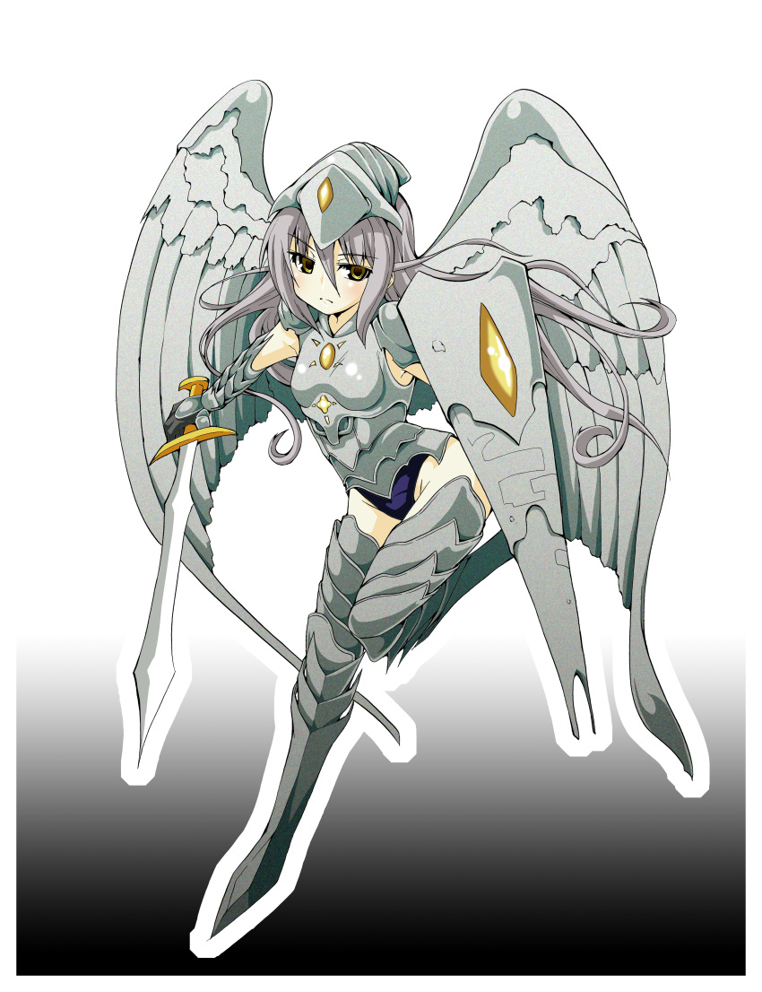 absurdres, angel, angel_wings, armor, armored_dress, armpits, breastplate, frown