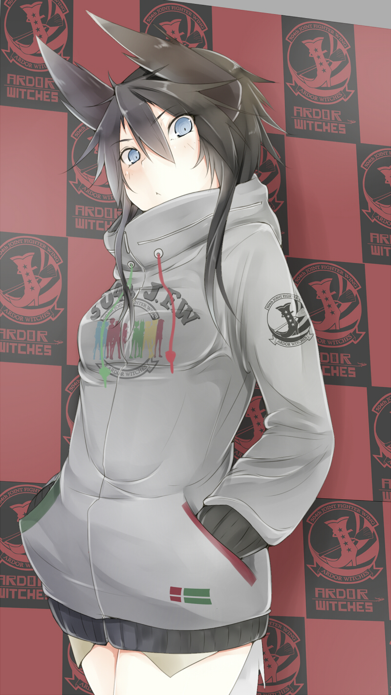 1girl, 504th_joint_fighter_wing, :<, alternate_costume, bird_tail, black_hair, blue_eyes, blush