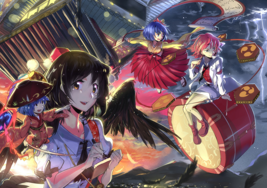 4girls, baijiin_poison, black_hair, bow, bowl, dark_clouds, drum, drumsticks