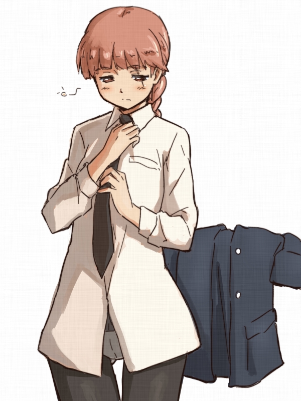 1girl, alexandra_serbanescu, collared_shirt, dressing, long_hair, long_sleeves, necktie, panties