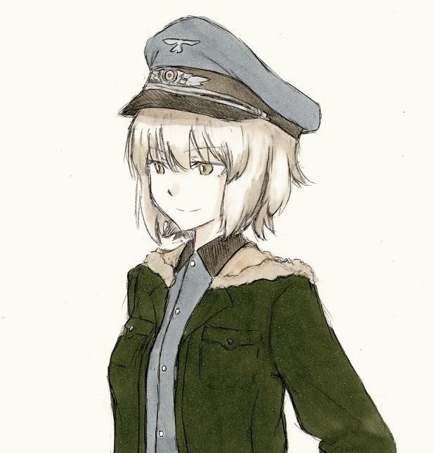 1girl, blonde_hair, coat, fur_trim, green_eyes, hat, huberta_von_bonin, long_sleeves