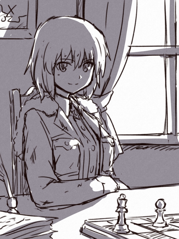 1girl, board_game, chair, chess, chess_piece, coat, curtains, desk
