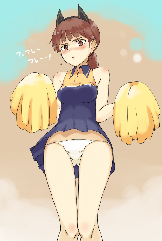 1girl, alexandra_serbanescu, animal_ears, bare_shoulders, blush, braid, cat_ears, cheerleader