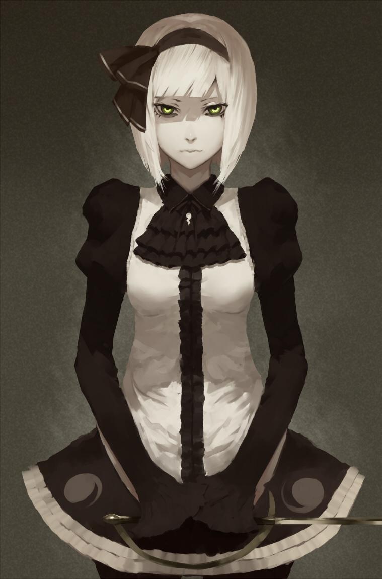 1girl, adapted_costume, alternate_costume, ascot, bow, expressionless, green_eyes, hairband