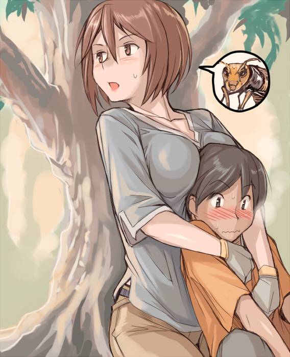 blush, breast_press, breast_rest, breast_smother, breasts, breasts_on_head, brown_eyes, brown_hair