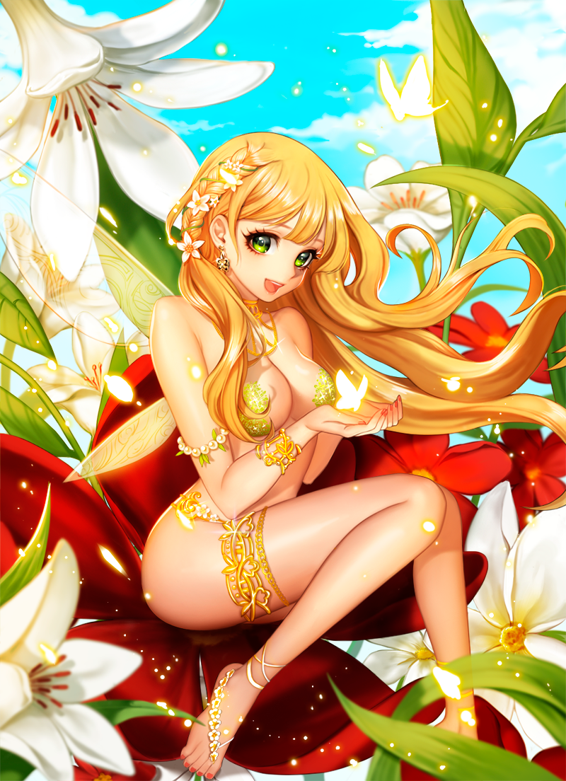 1girl, anklet, barefoot, barefoot_sandals, blonde_hair, braid, breasts, butterfly