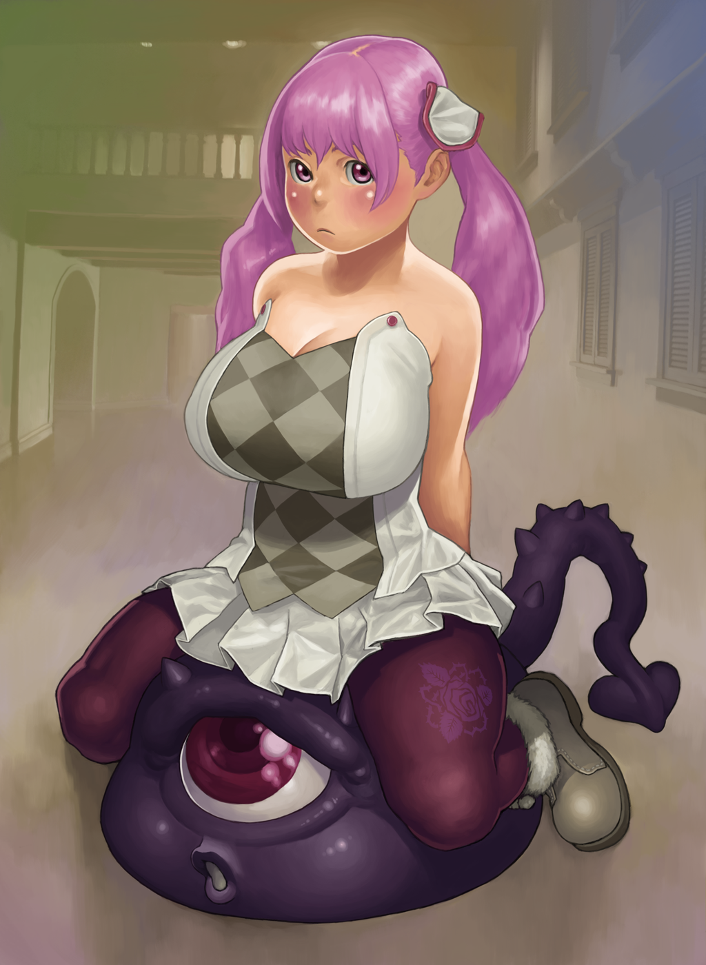 breasts, cleavage, highres, huge_breasts, large_breasts, monster, pantyhose, plump, purple_eyes, purple_hair, sakai_toshihiro, sitting, twintails, violet_eyes
