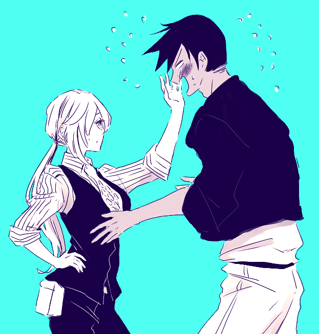 1boy, 1girl, akota, black_hair, blush, dark_skin, hair_over_one_eye, hebizu_niburu