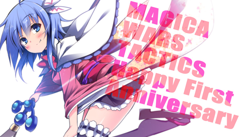 1girl, ahoge, blue_eyes, blue_hair, blush, capelet, fang, fang_out, hair_ornament, highres, japanese_clothes, kimono, looking_at_viewer, mahou_shoujo_taisen, minase_yana, miniskirt, obi, sakurame, sandals, sash, skirt, smile, solo, staff, thigh-highs, wide_sleeves