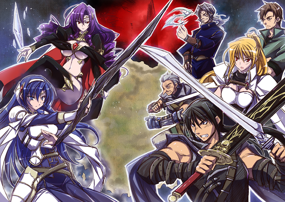 armor, asio_(asiogimuto), baltuetas_(sen_no_maken), blonde_hair, blue_eyes, blue_hair, cape, dugald_(sen_no_maken)