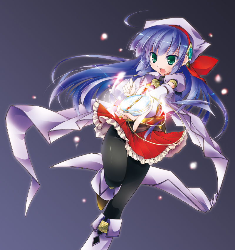 1girl, asio_(asiogimuto), blue_hair, green_eyes, hat, long_hair, official_art, pantyhose