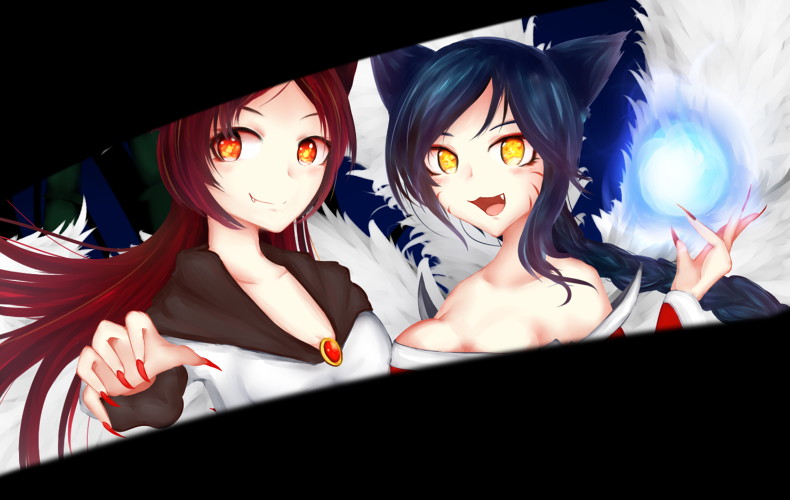 2girls, :3, :d, ahri, animal_ears, baka_imouto, bangs, bare_shoulders, blue_hair, braid, breasts, brooch, brown_hair, crossover, dress, energy_ball, facial_mark, fang, fang_out, fingernails, fox_ears, imaizumi_kagerou, jewelry, league_of_legends, long_fingernails, long_hair, long_sleeves, looking_at_viewer, magic, multiple_girls, open_mouth, orange_eyes, red_nails, sharp_fingernails, smile, strapless_dress, swept_bangs, touhou, whisker_markings, wolf_ears, yellow_eyes