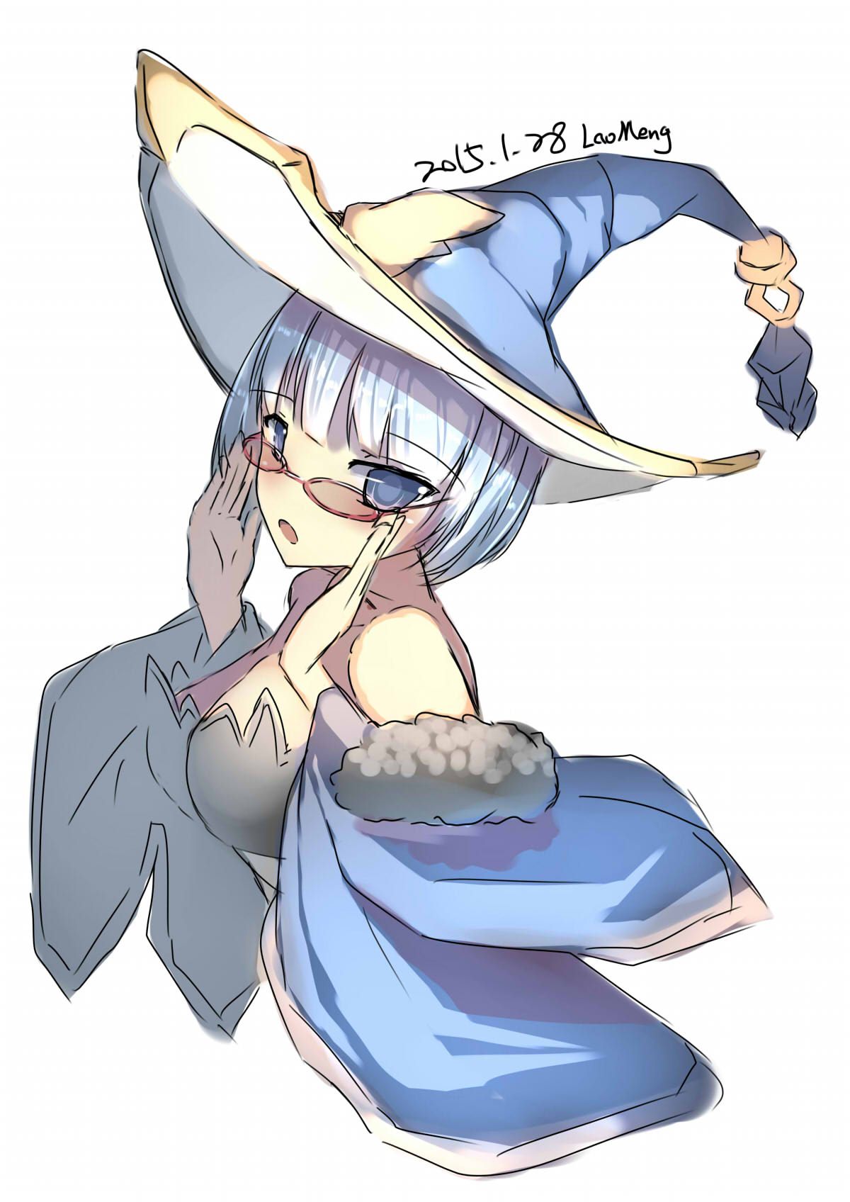 1girl, :o, adjusting_glasses, artist_name, blue_eyes, blue_hair, blush, breasts