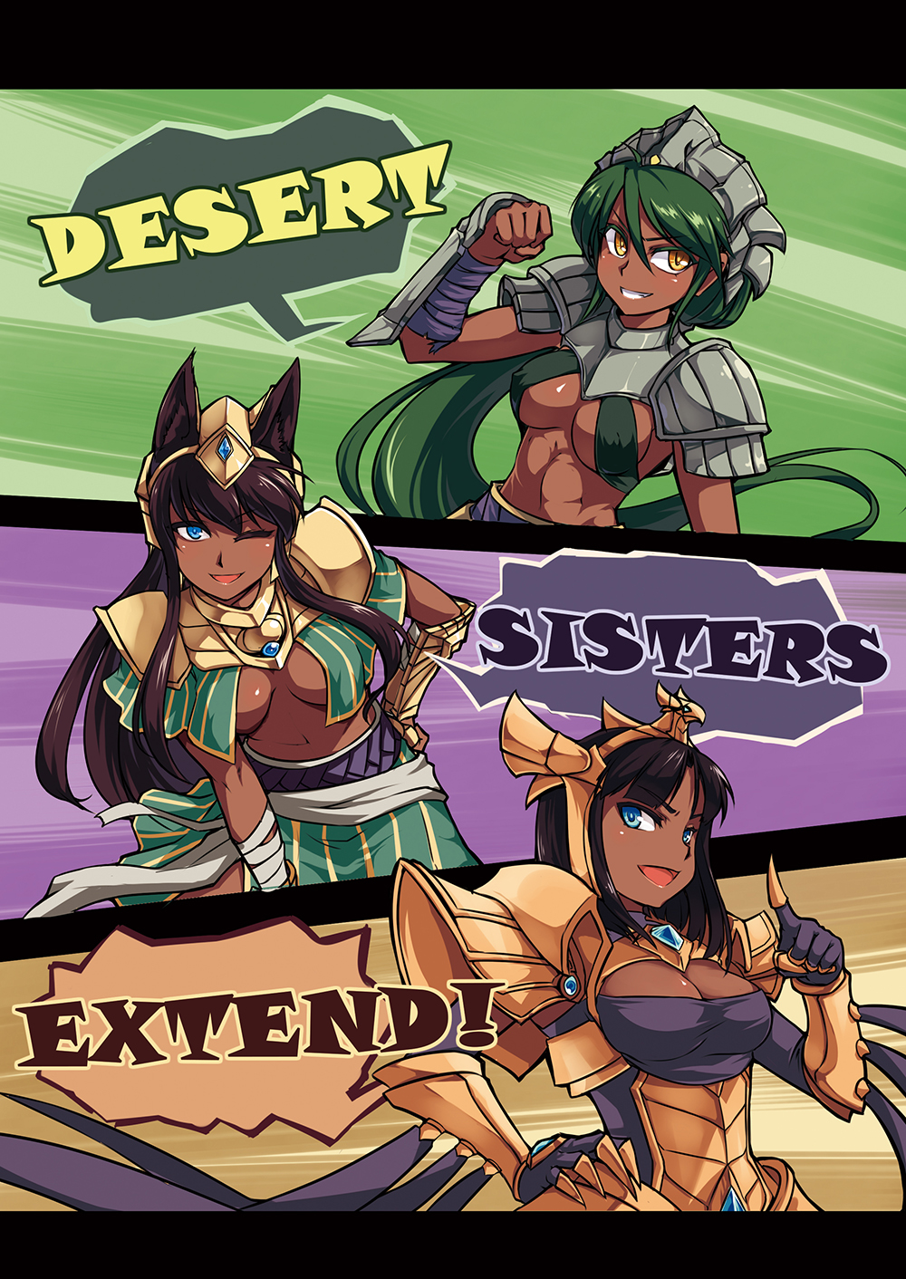 animal_ears, armor, azir, blue_eyes, brown_hair, dark_skin, genderswap, green_hair