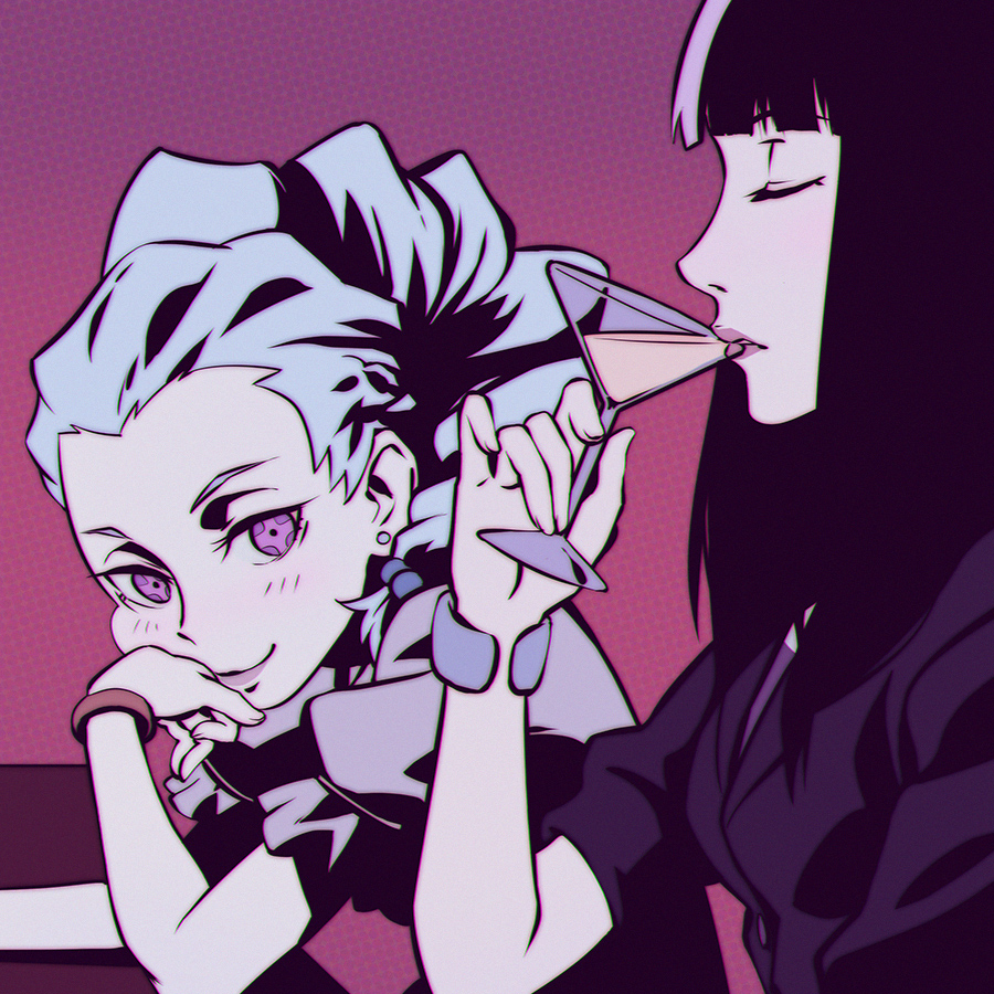 2girls, bangs, black_hair, blue_hair, blush, bracelet, closed_eyes, cocktail_glass