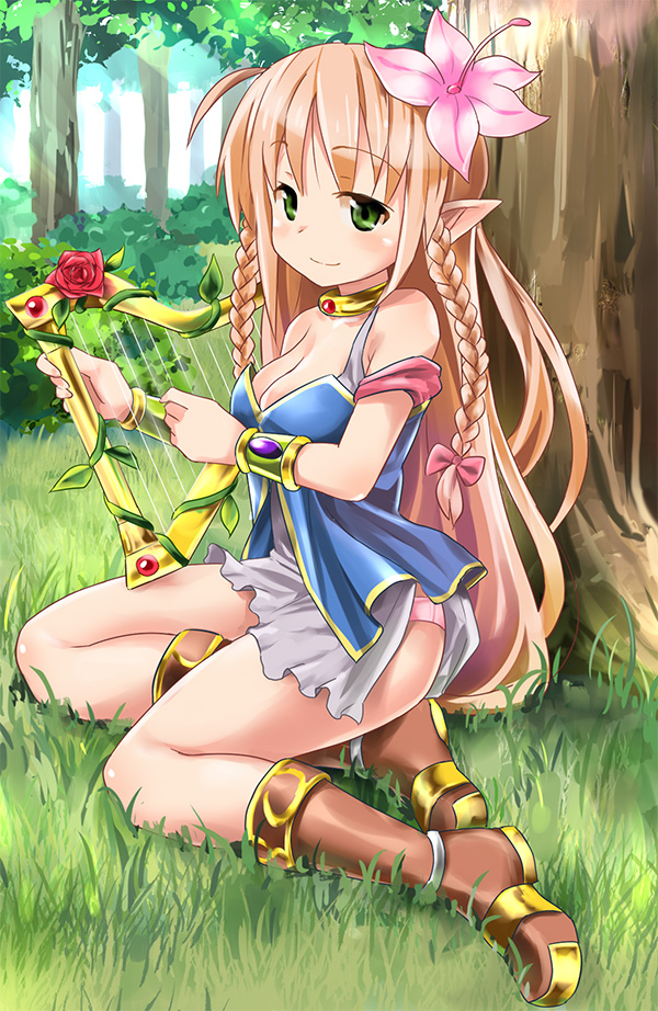 blonde_hair, boots, bracelet, braid, breasts, choker, cleavage, dress, elf, flower, forest, green_eyes, hair_flower, hair_ornament, harp, instrument, jewelry, long_hair, mirakichi, nature, original, outdoors, panties, pink_panties, pointy_ears, sitting, smile, tree, twin_braids, underwear, very_long_hair