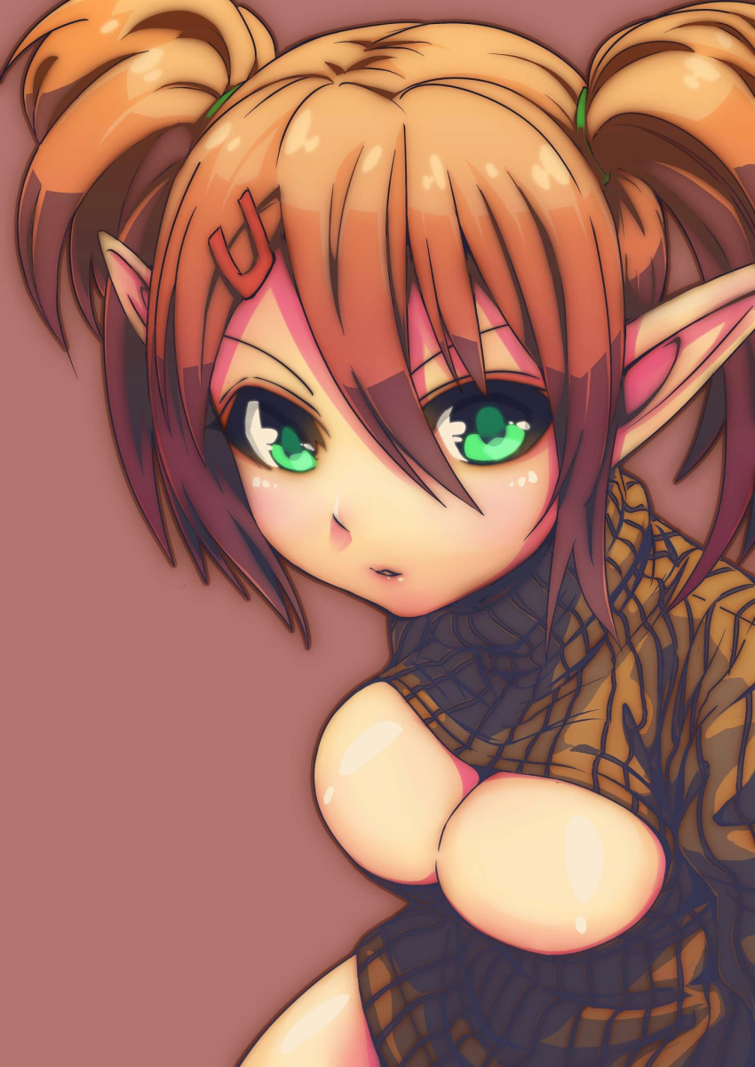 1girl, breasts, cleavage, cleavage_cutout, green_eyes, hair_ornament, hairclip, highres