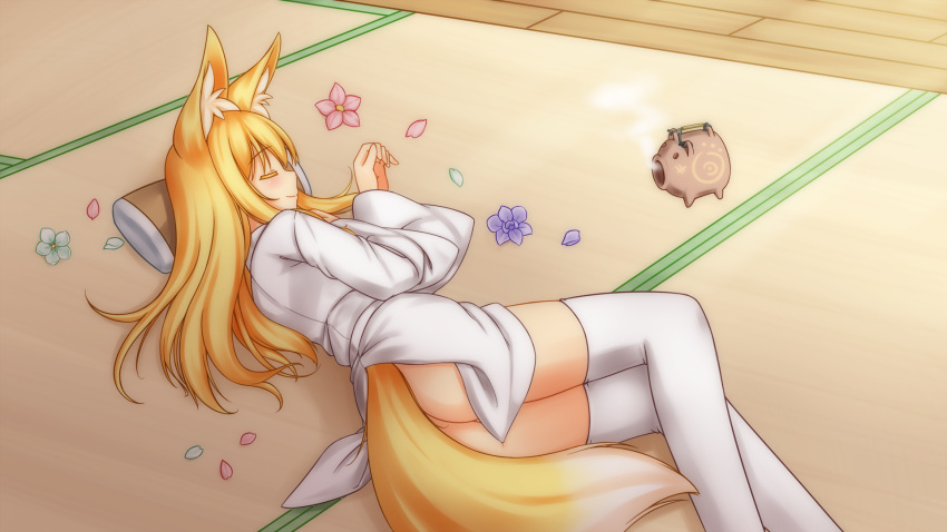 1girl, animal_ears, blonde_hair, flower, fox_ears, fox_tail, hanami_shione, highres