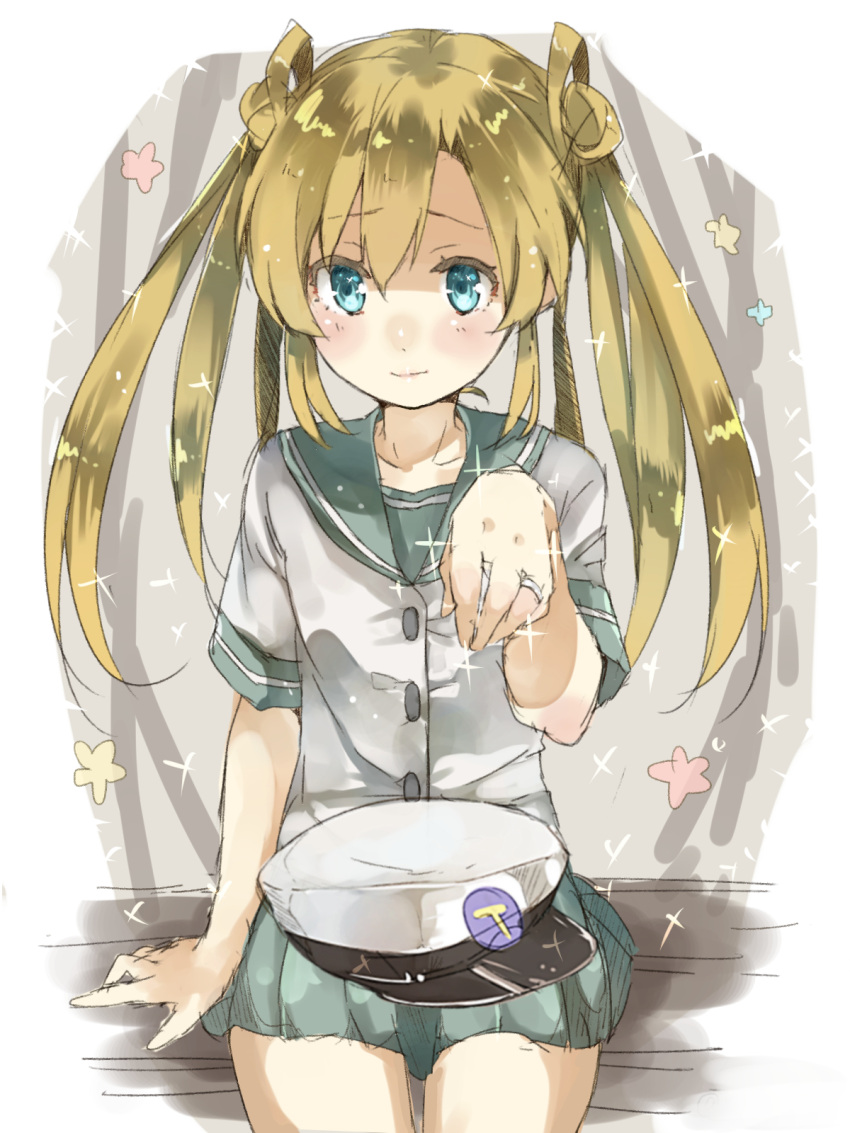 1girl, abukuma_(kantai_collection), blonde_hair, blue_eyes, blush, double_bun, hat, hat_on_lap, highres, jewelry, kantai_collection, peaked_cap, pleated_skirt, ring, sailor_collar, school_uniform, serafuku, sitting, skirt, twintails, wedding_band