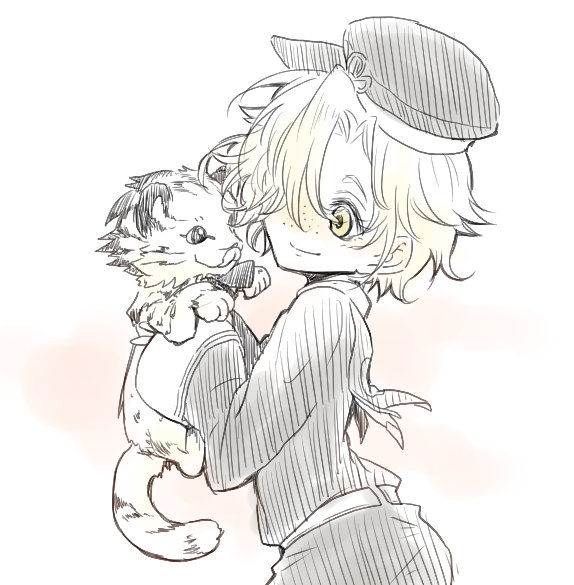 1boy, blonde_hair, freckles, gokotai_(touken_ranbu), hair_over_one_eye, hat, holding, male_focus