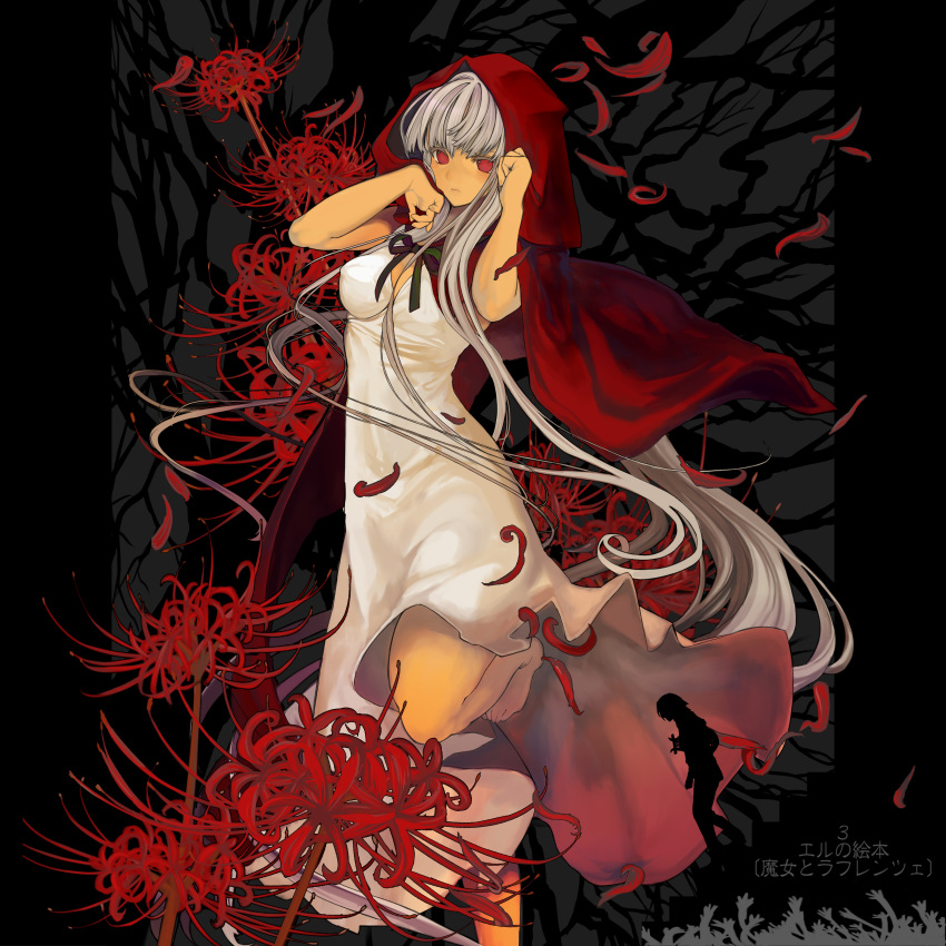 absurdres, barefoot, colored_eyelashes, dress, elysion, eyelashes, flower, highres