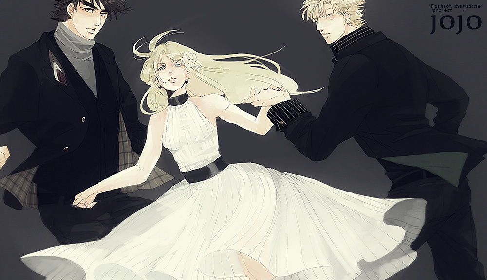 1girl, 2boys, black_hair, blonde_hair, caesar_anthonio_zeppeli, dress, gloves, hair_down