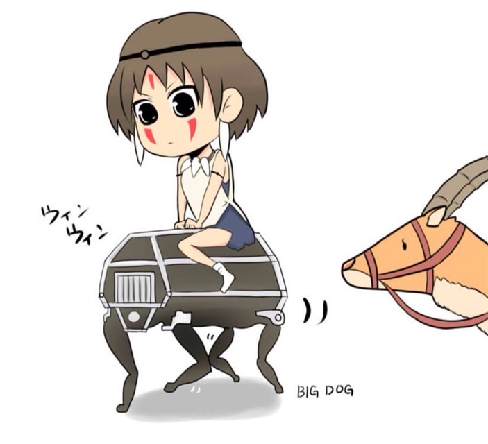 1girl, bigdog, enntennka, gazelle, mononoke_hime, riding, robot, san