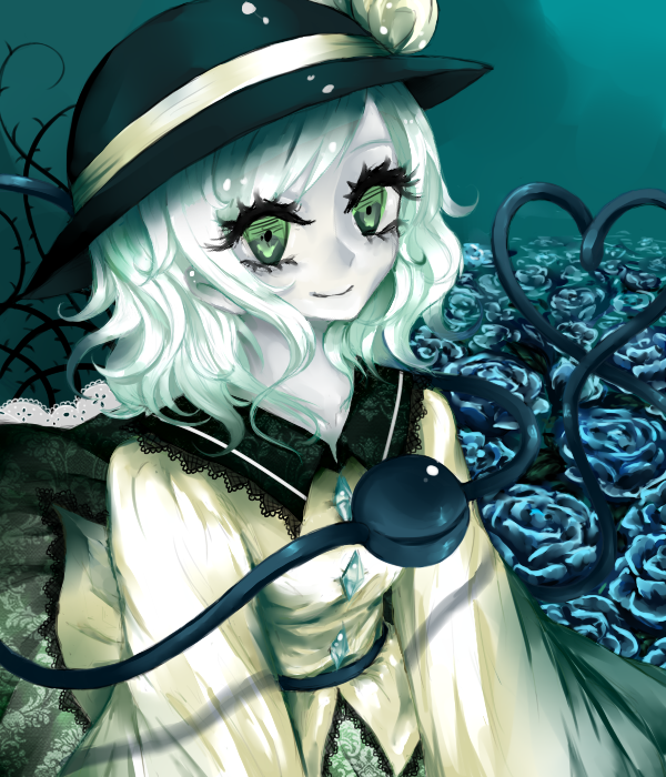 1girl, blue_background, blue_rose, crystal, eyelashes, field, flower, flower_field