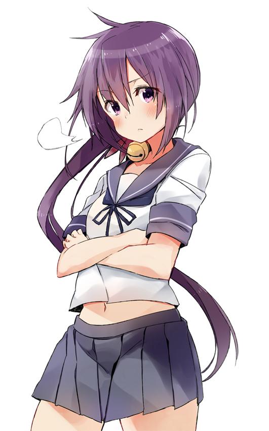 akebono_(kantai_collection), bell, crossed_arms, kantai_collection, minoinomi, navel, purple_hair, skirt