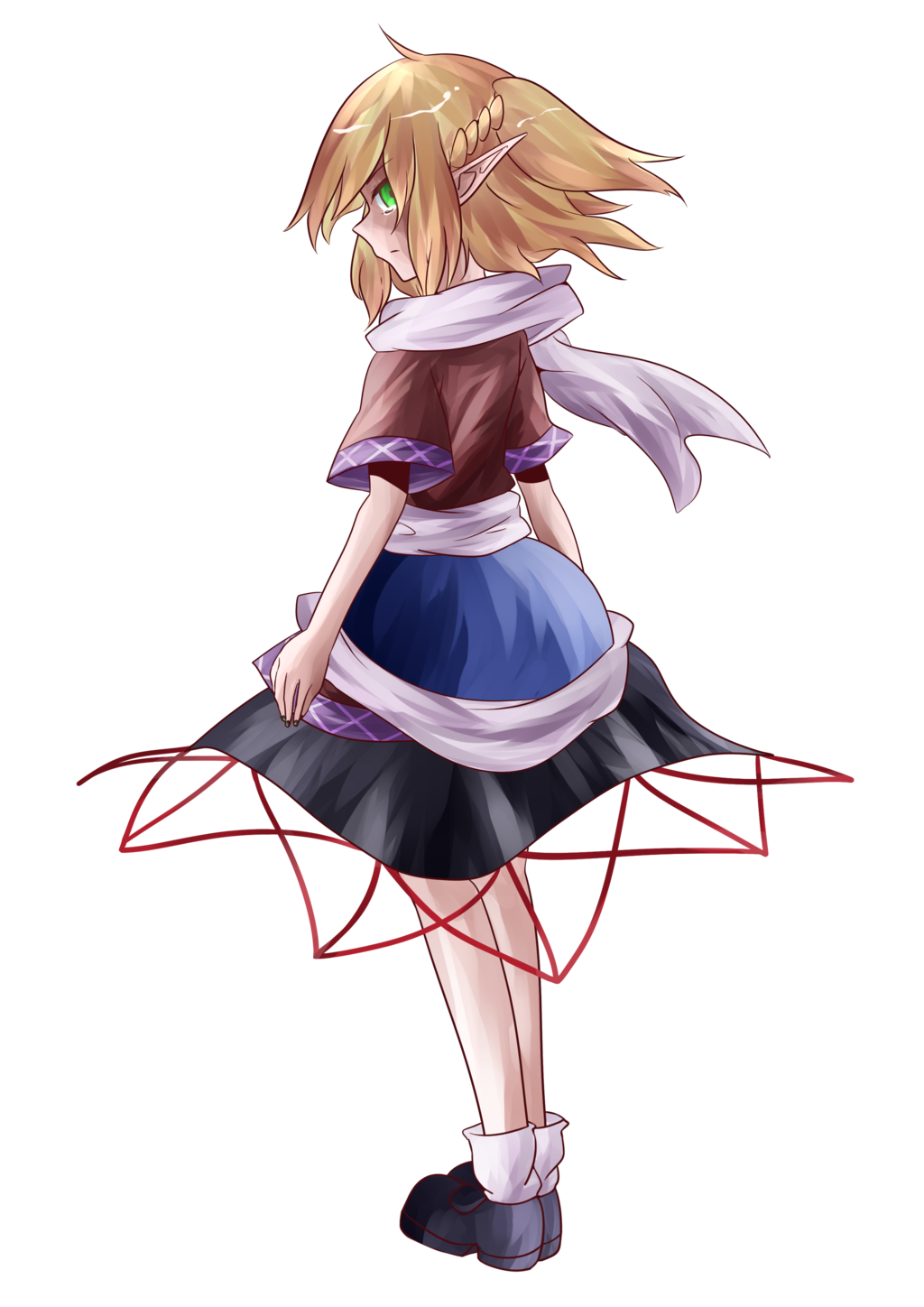 1girl, blonde_hair, floating_hair, full_body, green_eyes, guuchama, highres, looking_back, mizuhashi_parsee, pointy_ears, ponytail, sash, scarf, shady_eyes, short_sleeves, solo, tears, touhou, white_background
