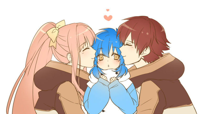 1girl, 2boys, blue_hair, bow, child, closed_eyes, dramatical_murder, family